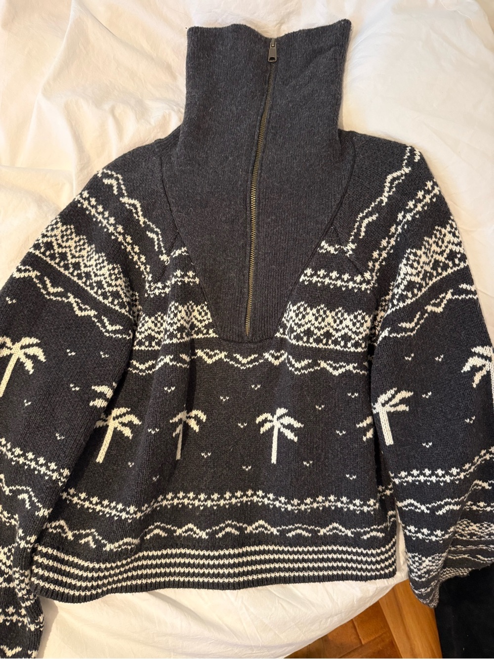 Marine Layer Archive Dark Grey & White Nordic Zip Turtleneck Sweater Fair Isle - Picture 2 of 5